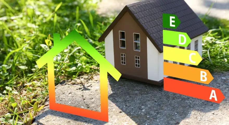 Modello di casa con etichetta energetica e simbolo di casa verde, per la normativa casa green.