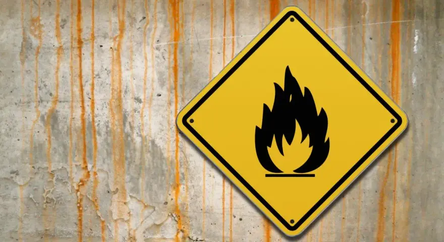 Cartello giallo con fiamma nera su muro di cemento con macchie arrugginite. Attenzione: lana di roccia è infiammabile.