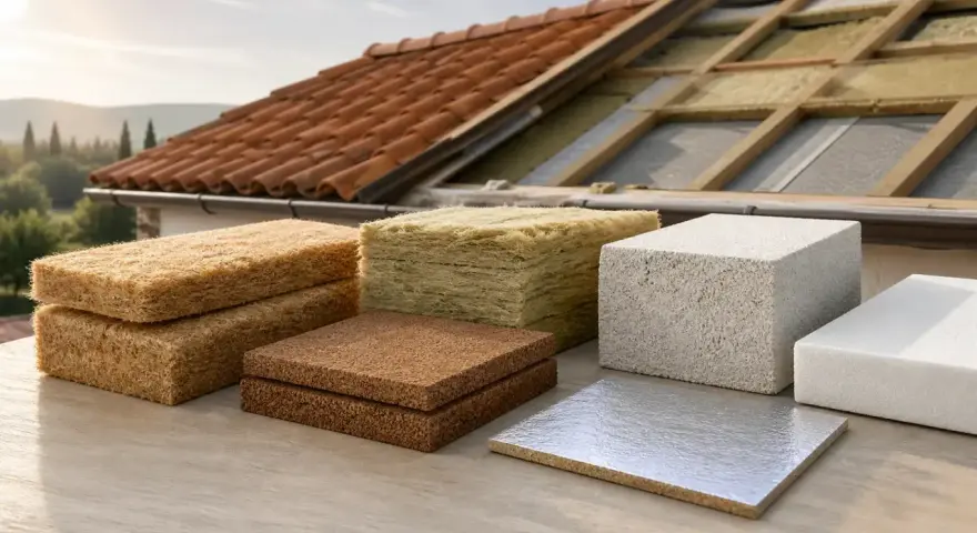Vari tipi di materiali isolanti, ideali per l'isolante per terrazzi, mostrati su un tetto in fase di costruzione.