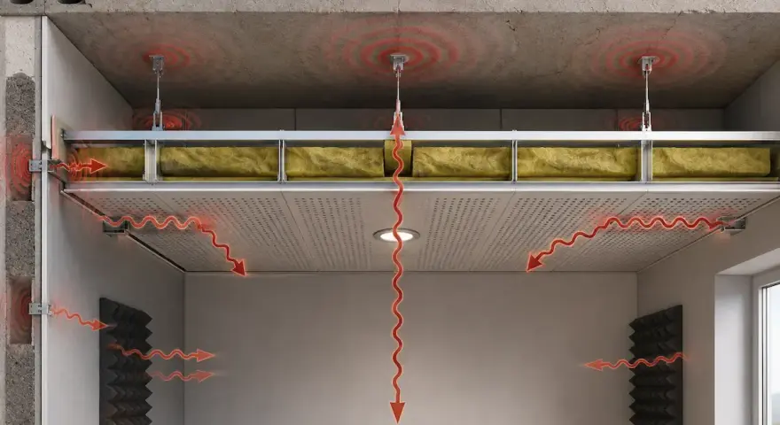 Sistema per insonorizzare soffitto: lana di roccia e pannelli fonoassorbenti bloccano le onde sonore, creando un ambiente silenzioso.