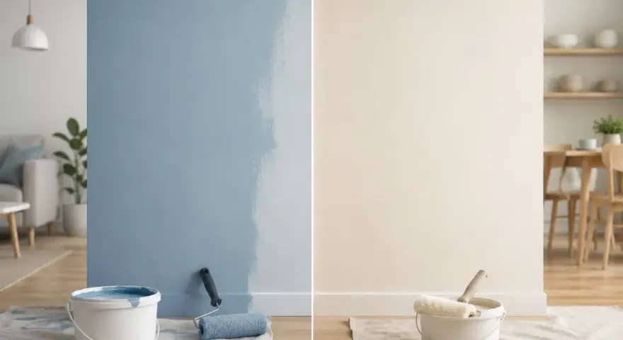 Pittura lavabile: un lato blu, un lato beige, con secchi e rulli. Valutare i pro e contro per la tua casa.
