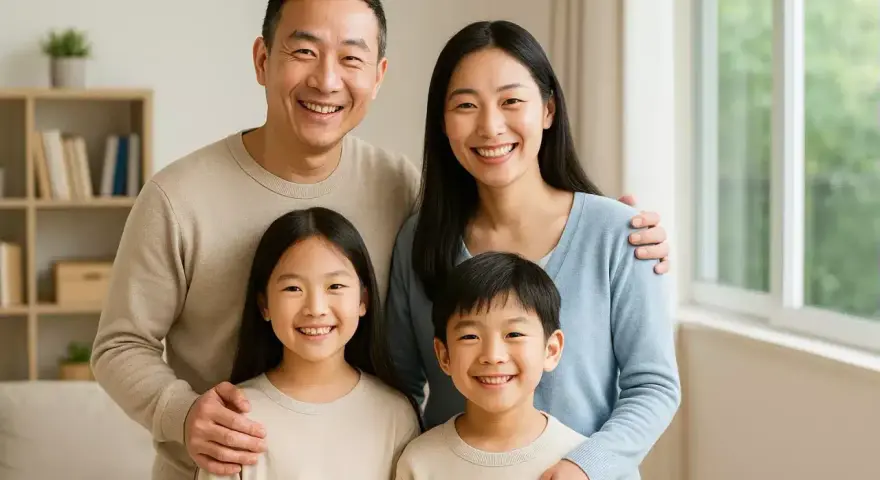 Famiglia sorridente, pronta a presentare i documenti per idoneità alloggiativa.