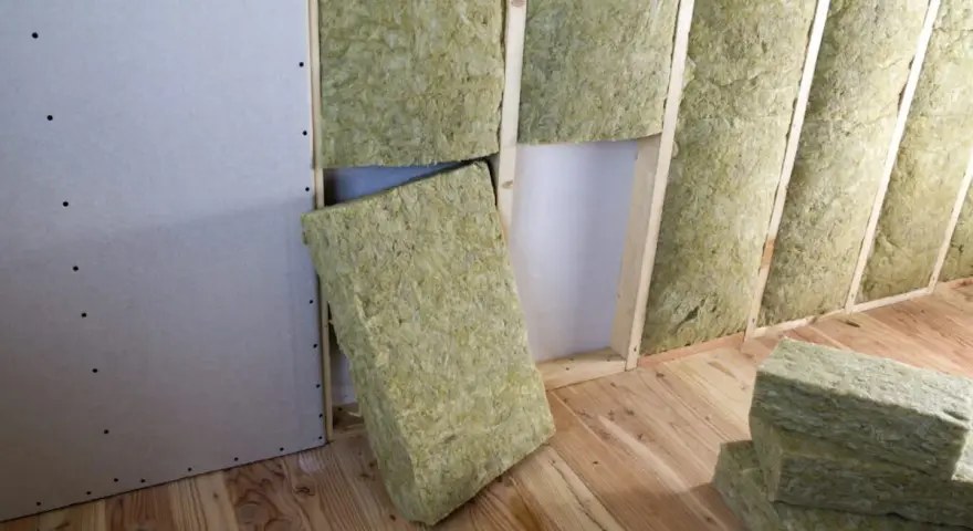 Pannelli di lana di roccia, un isolante calpestabile, vengono installati in una parete in costruzione con struttura in legno e cartongesso.