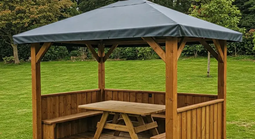 Gazebo in legno con tavolo e panche, perfetto per idee gazebo fai da te in giardino.