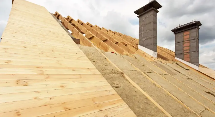 Costruzione tetto con isolamento termico: legno, lana di roccia e camini in muratura sotto un cielo nuvoloso.