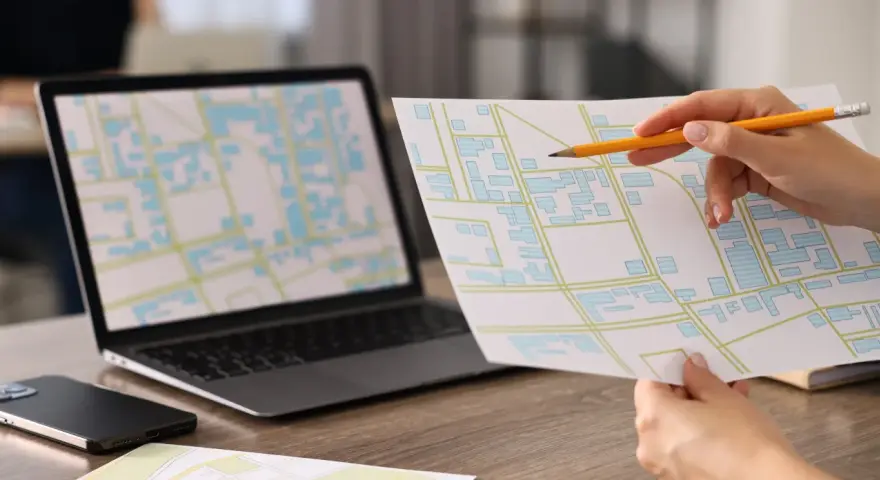 Mano con matita analizza mappa con edifici, forse per una **categoria catastale a3**. Laptop con mappa simile sullo sfondo.