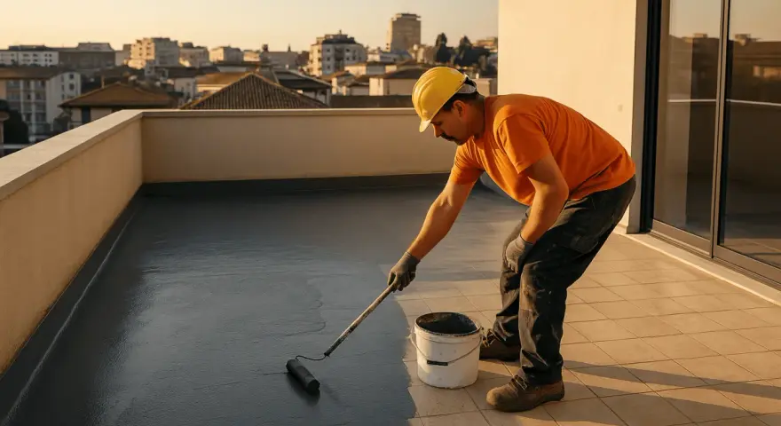 Operaio con casco giallo applica impermeabilizzante su un terrazzo, un vero rifacimento terrazzo a regola d'arte.