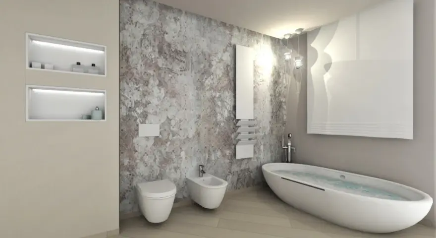 Bagno moderno con vasca ovale, WC, bidet e nicchie a muro. Un esempio di come ottenere un ottimo costo bagno completo con design ricercato.