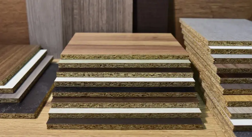 Campioni di laminato plastico con diverse finiture effetto legno e colori solidi, impilati su un piano di legno.