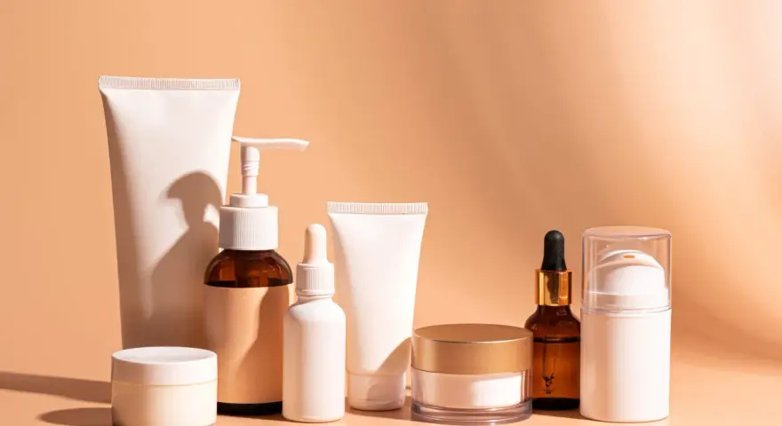 Una collezione di prodotti per la cura della pelle, tra cui creme, sieri e tubetti, ideali come fissativo prima della rasatura per una pelle liscia e protetta.