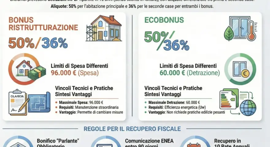 Bonus Ristrutturazione e Ecobonus: detrazioni IRPEF in 10 anni per infissi. 50% prima casa, 36% seconda. Scegli l'incentivo giusto!