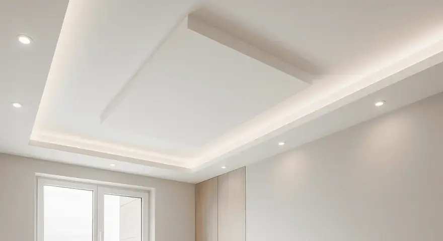 Soffitto moderno con faretti e illuminazione a LED integrata, un esempio di come imbiancare il soffitto per un effetto luminoso e pulito.