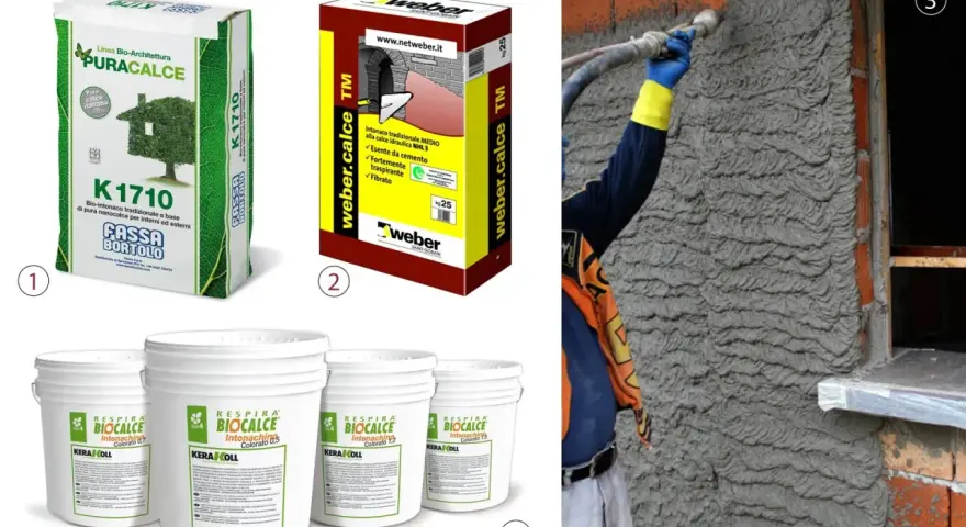 Applicazione di intonaco interno con pistola. Si vedono sacchi e secchi di prodotti per intonaci a base di calce, con indicazioni sullo spessore intonaco interno.