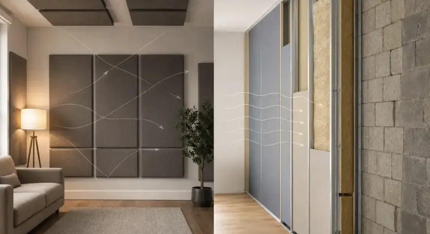 Differenza tra fonoassorbente e fonoisolante: pannelli a parete e soffitto assorbono il suono, mentre la struttura a muro blocca il rumore.