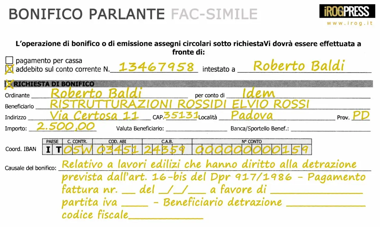 Bonifico parlante per risparmio energetico: pagamento di 2.500€ per ristrutturazioni edilizie, con causale che indica diritto alla detrazione.