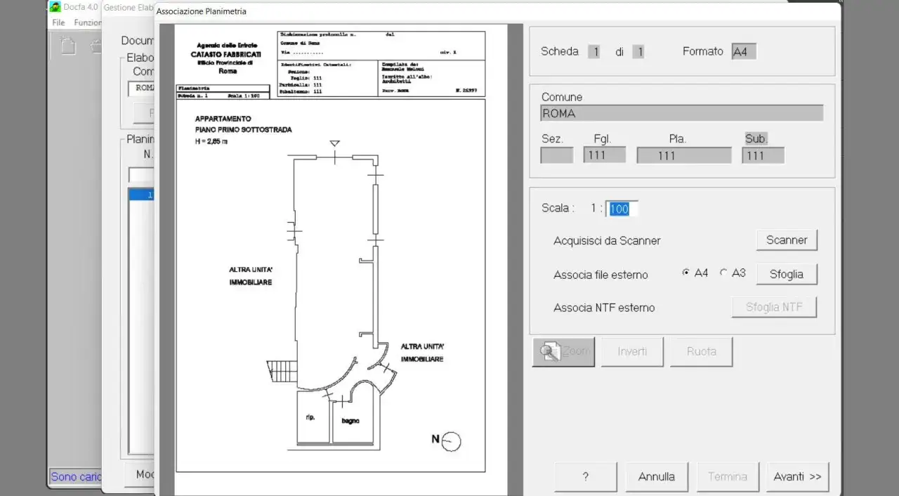 Interfaccia software per la gestione di planimetrie catastali, con dati relativi a Roma e una planimetria di un appartamento. La categoria f2 catastale &egrave; visibile nei dettagli del documento.