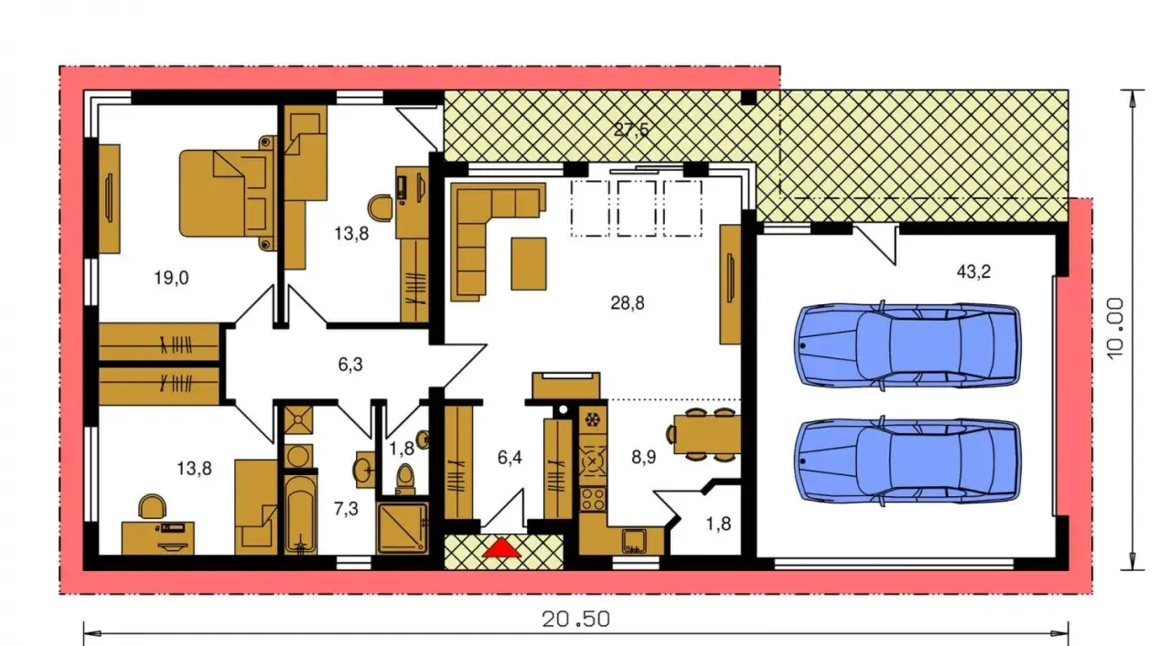 Pianta di una casa con soggiorno, camere, bagni e un garage per 2 auto. Le misure totali sono 20.50 x 10.00 metri, con un garage di 43,2 mq.