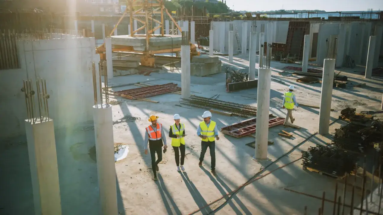 Un cantiere edile con operai in giubbotti ad alta visibilit&agrave;. Il general contractor cos'&egrave;? &Egrave; chi coordina i lavori, gestendo fornitori e tempi.
