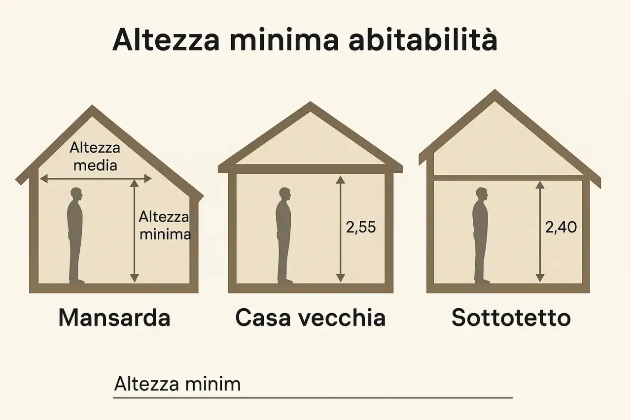 Confronto tra altezza minima abitabilit&agrave; in mansarda, casa vecchia e sottotetto, con misure indicate.