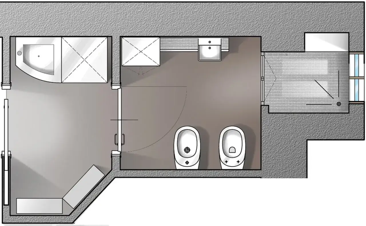 Pianta di un bagno con doccia, lavabo, due WC e un bidet. L'antibagno obbligatorio &egrave; ben visibile.