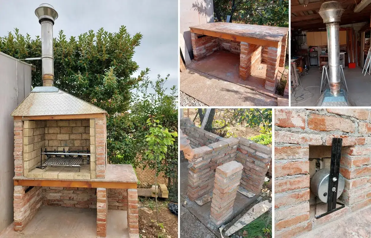 Costruzione di un barbecue fai da te in pietra: mattoni, cappa, griglia e dettagli di montaggio.