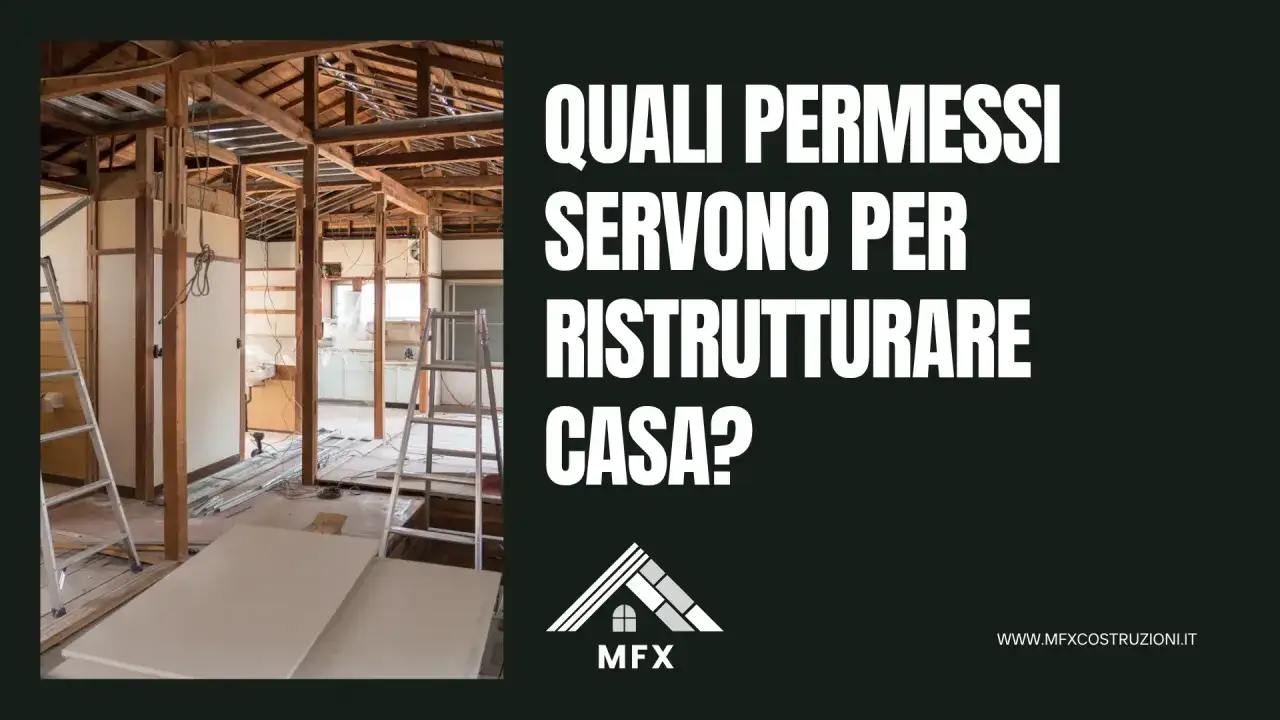 Interno di una casa in ristrutturazione, con travi a vista e scale. Il testo chiede quali permessi servono per la ristrutturazione, escludendo l'edilizia libera.