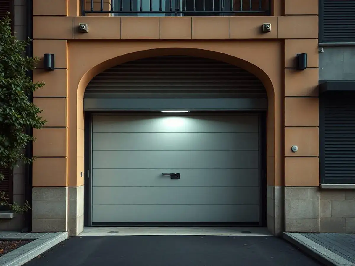 Portone garage moderno, ideale per un'abitazione con categoria catastale C6. Luce soffusa illumina l'ingresso.