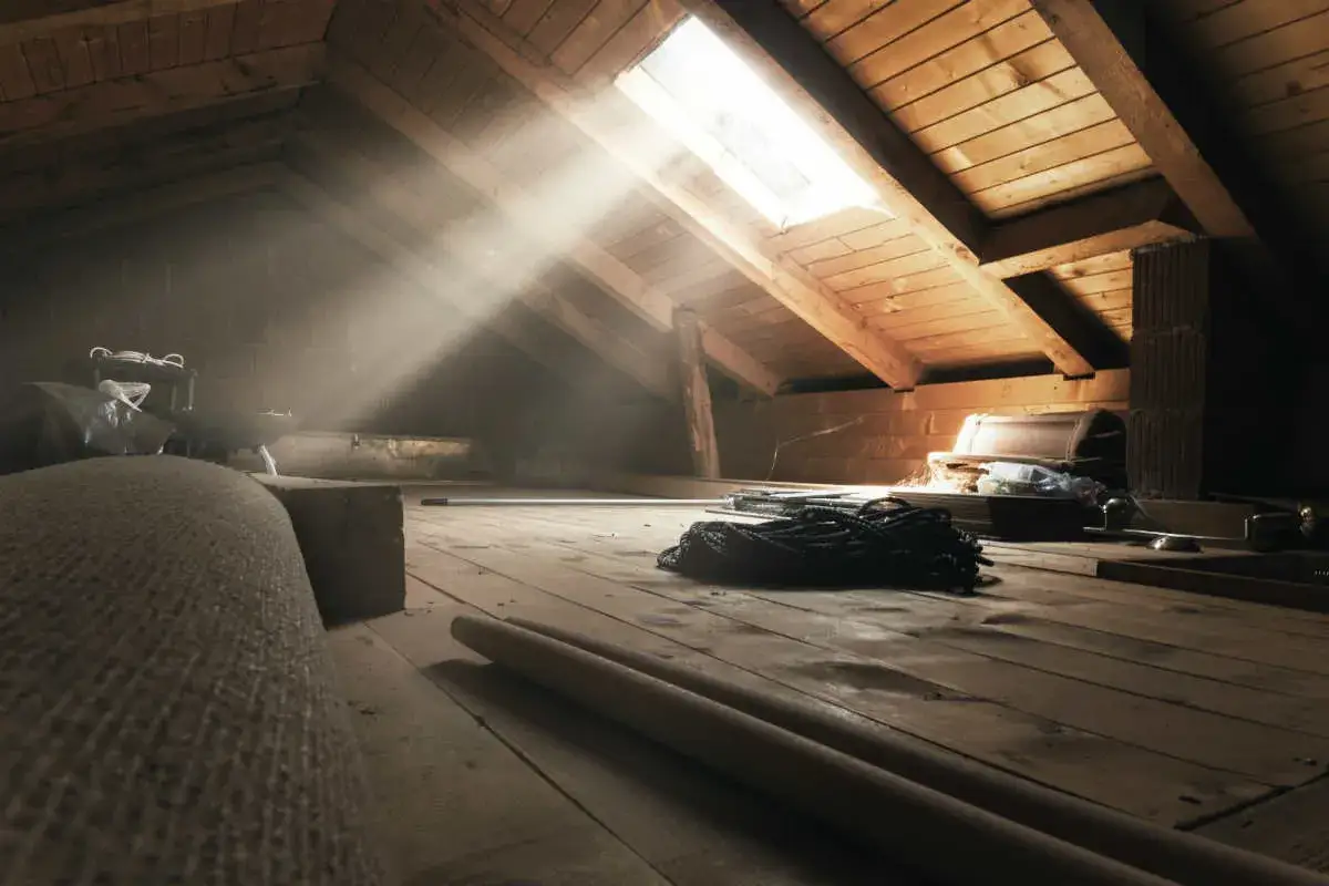 Raggi di sole illuminano un sottotetto non abitabile, pieno di oggetti dimenticati e travi in legno.