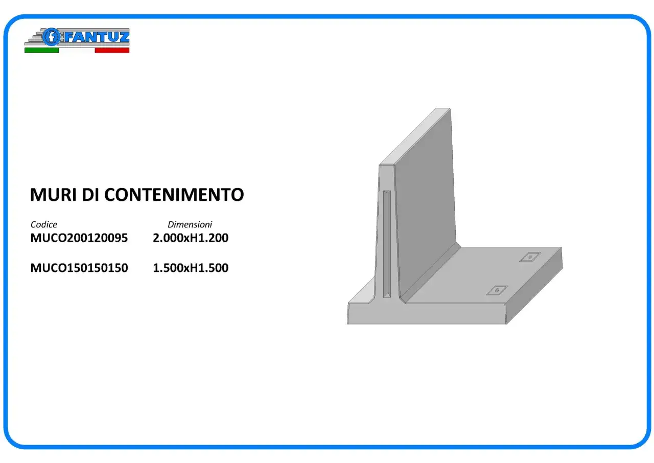 Disegno tecnico di un muro di contenimento in cemento armato, con specifiche di codice e dimensioni.