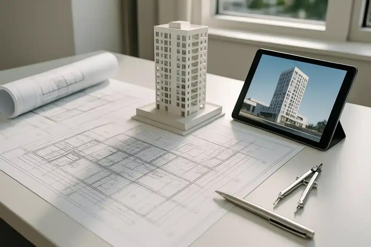 Progetto di un edificio moderno con plastico, tablet e disegni tecnici. Documenti per idoneit&agrave; alloggiativa in fase di preparazione.