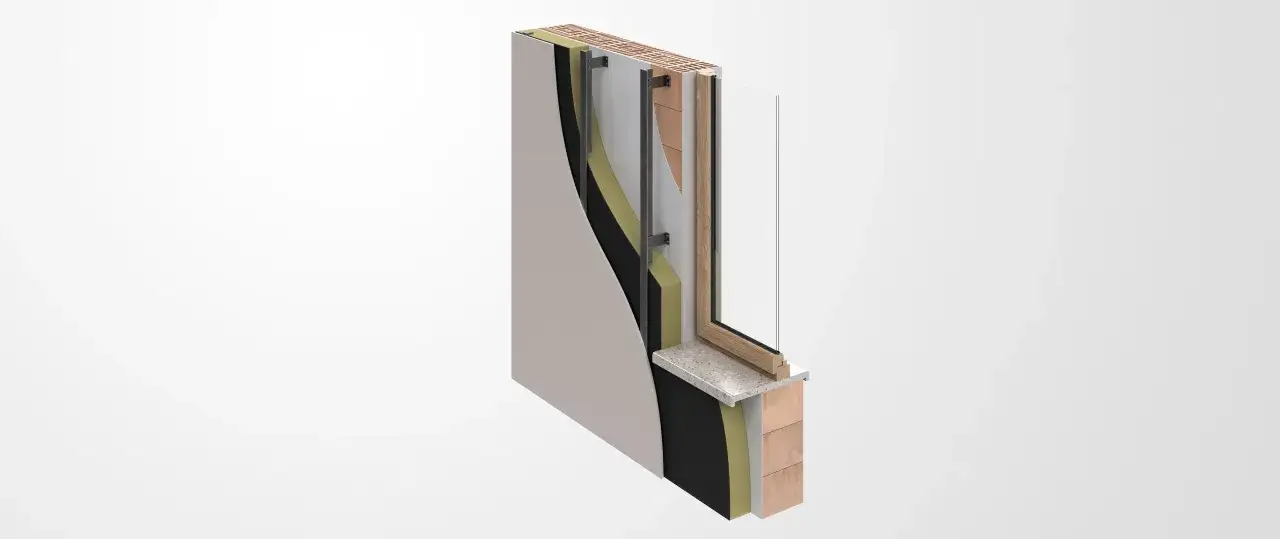 Sezione di una parete con isolamento e finitura in cartongesso doppia lastra, che mostra la stratigrafia completa.