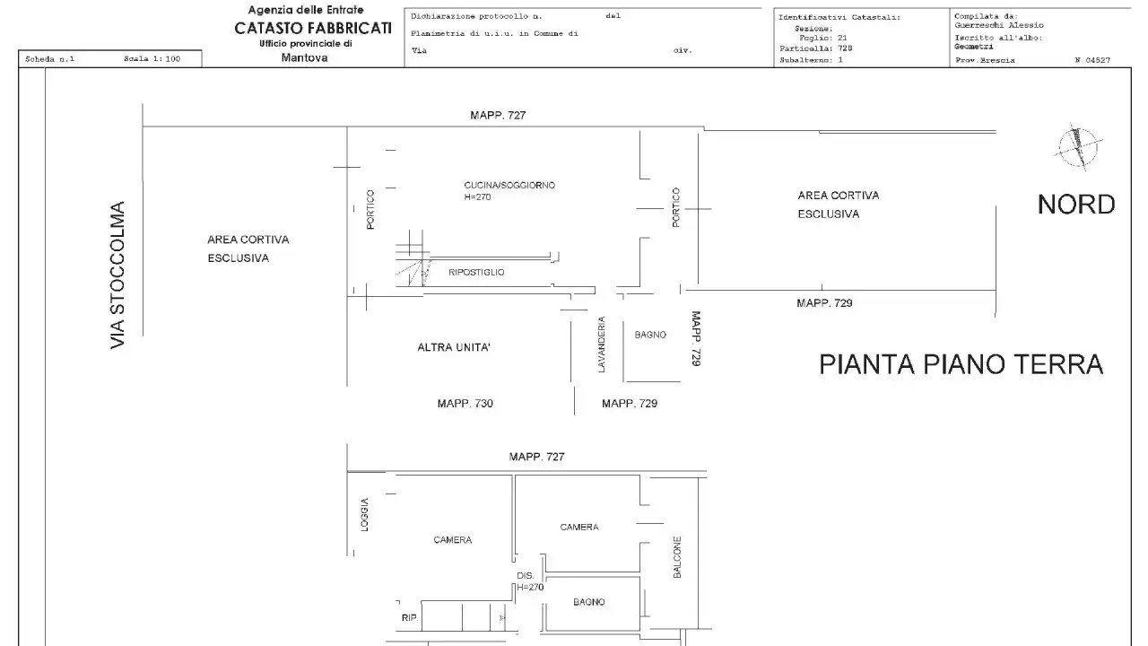 Planimetria catastale con indicazione di variazione dopo 20 anni. Mostra la pianta del piano terra con aree esclusive, cucina, soggiorno, bagno e camere.