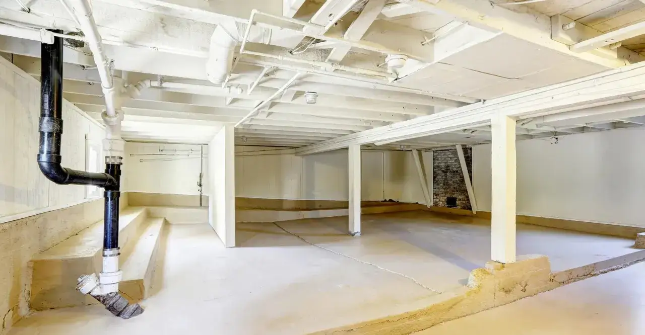 Interno di un seminterrato con tubi a vista e pareti bianche. Abitare in un seminterrato fa male, l'ambiente &egrave; umido e poco illuminato.