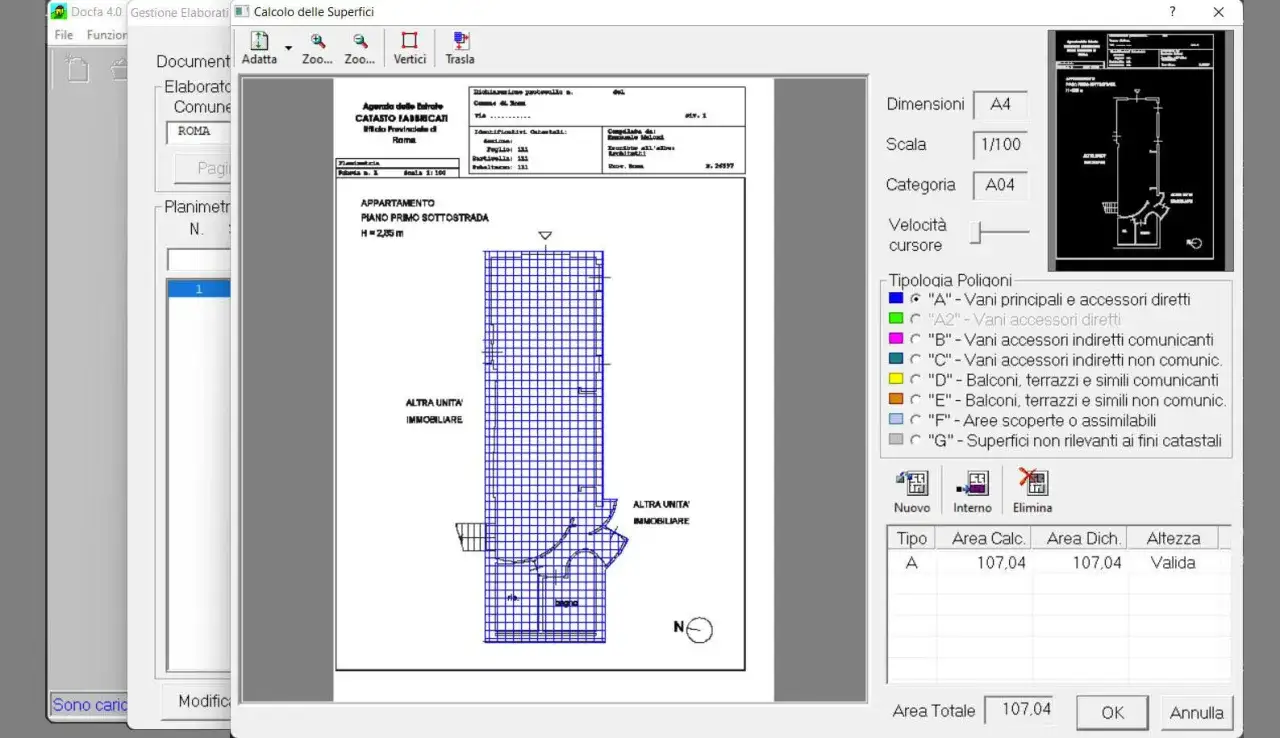 Schermata di un software per il calcolo delle superfici catastali, con una planimetria e la definizione della categoria f2 catastale.