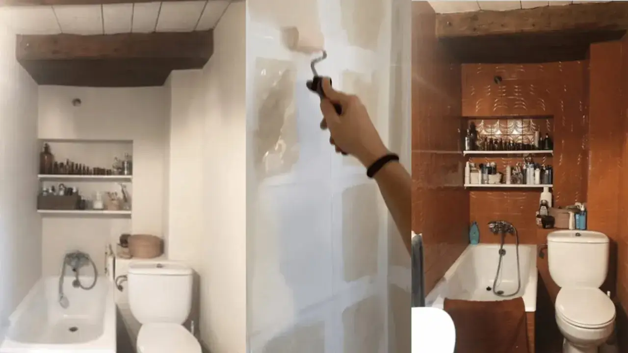 Ristrutturazione bagno: si vede la preparazione del muro per attaccare piastrelle al muro con silicone, fino al risultato finale con le nuove piastrelle arancioni.