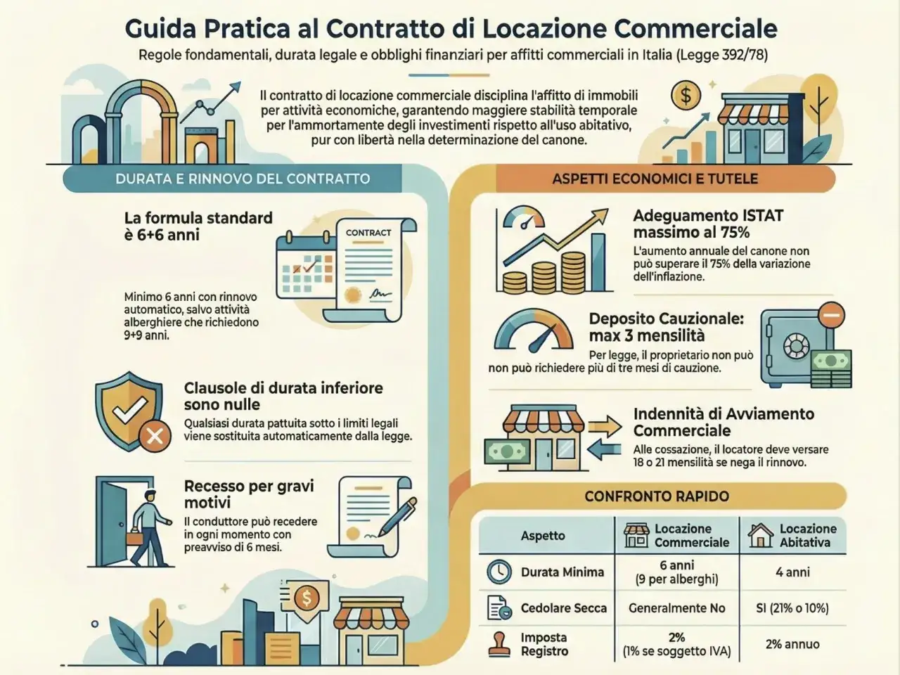 Guida pratica locazione commerciale: durata 6+6 anni, deposito cauzionale max 3 mensilit&agrave;, imposta registro 2%.