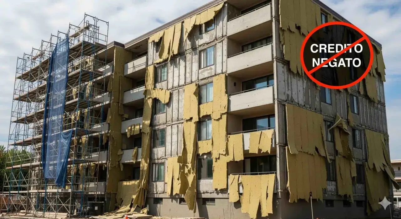 Edificio in ristrutturazione con cappotto isolante danneggiato. Il cerchio rosso con 