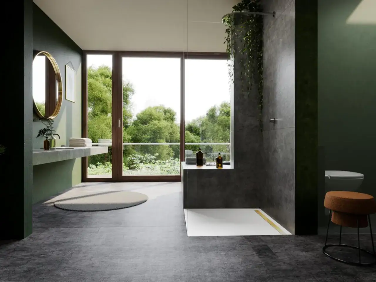 Bagno moderno con doccia dalle dimensioni generose, lavabo sospeso e grande finestra con vista sul verde.