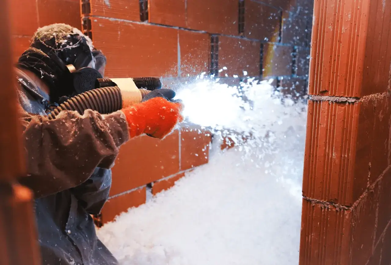 Operaio con maschera e guanti rossi effettua insufflaggio sottotetto, spruzzando materiale isolante bianco su mattoni rossi.