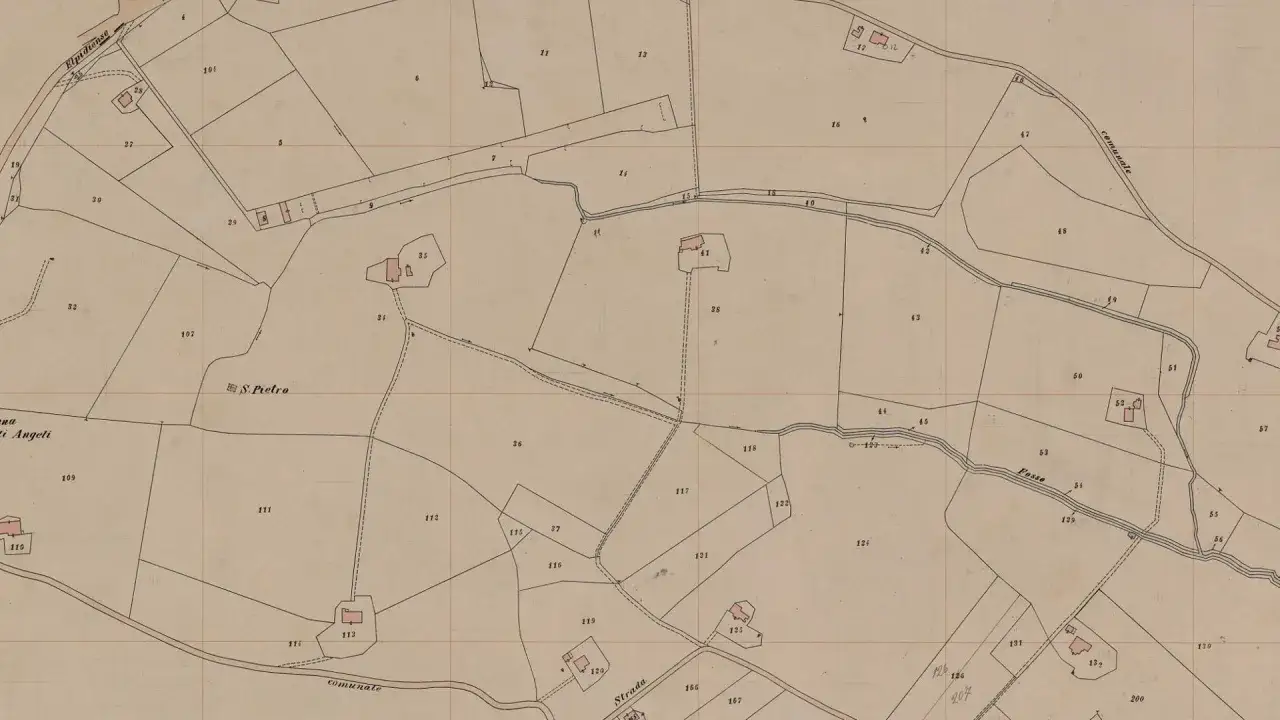 Mappa catastale con particelle di tipo fondiaria o edificabile, con edifici e strade.