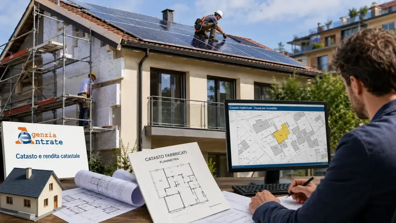 Lavoratori in cantiere, pannelli solari sul tetto, planimetrie e un uomo al computer che consulta la visura catastale. Un esempio di ristrutturazione edilizia con attenzione all'efficienza energetica e alla documentazione, come previsto dall'articolo 1...