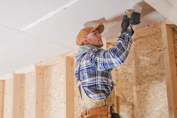 Uomo con trapano installa pannelli per isolamento acustico fai da te sul soffitto di una stanza in costruzione.