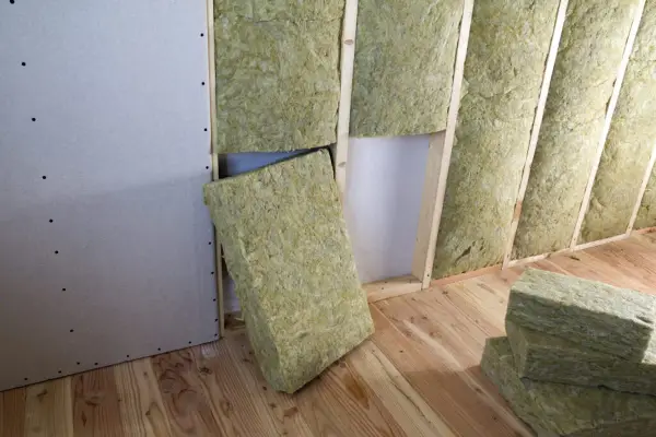 Installazione di materiali coibentanti in lana di roccia per l'isolamento termico di una parete in costruzione.