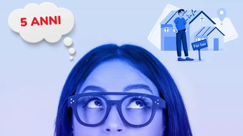 Ragazza pensa alla vendita prima casa prima dei 5 anni, con case in vendita sullo sfondo.