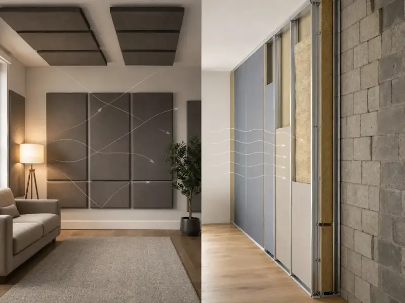 Differenza tra fonoassorbente e fonoisolante: pannelli a parete e soffitto assorbono il suono, mentre la struttura a muro blocca il rumore.